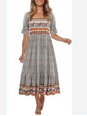 Boho Floral Midi Dress Short Sleeve Cottagecore Prairie with Pockets